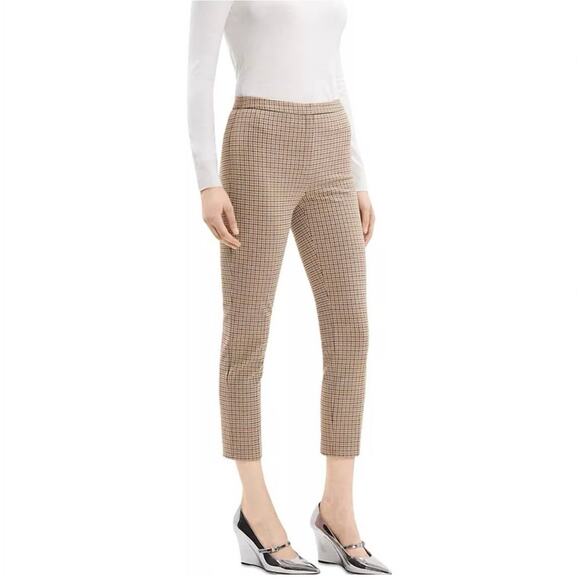 Theory Pants Womens 8 Tan Beige Slim Fit Cropped Houndstooth Trouser Academia - Picture 1 of 14